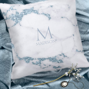 Modern Marble Glitter Monogram Dusty Blue ID816 Cushion