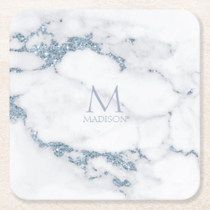 Modern Marble Glitter Monogram Dusty Blue ID816 Square Paper Coaster