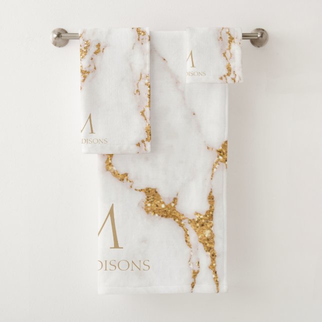 Modern Marble Glitter Monogram Gold ID816 Bath Towel Set (Insitu)