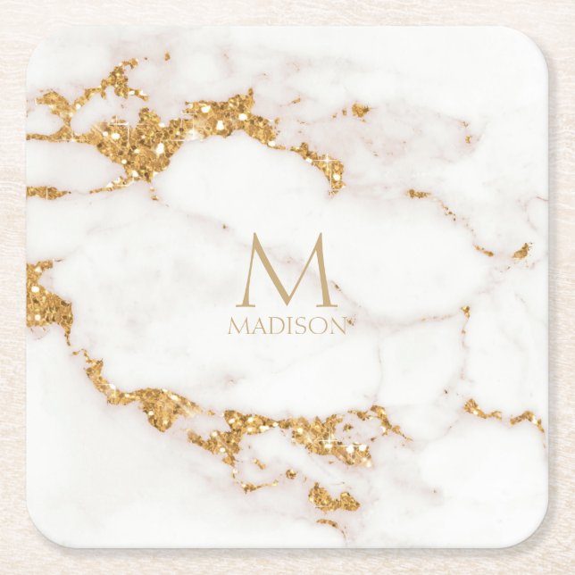 Modern Marble Glitter Monogram Gold ID816 Square Paper Coaster (Front)