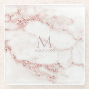 Modern Marble Glitter Monogram Rose Gold ID816 Glass Coaster