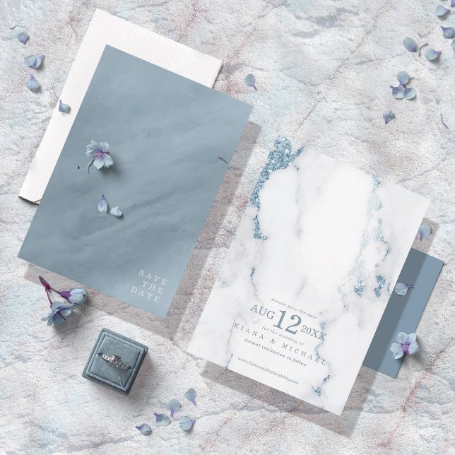 Modern Marble Glitter Wedding Dusty Blue ID816 Sav Save The Date (Creator Uploaded)