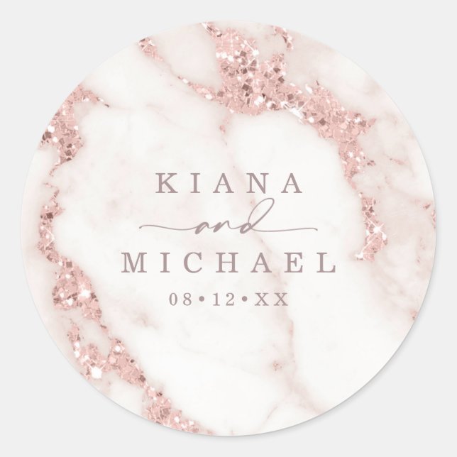 Modern Marble Glitter Wedding Rose Gold ID816 Classic Round Sticker (Front)