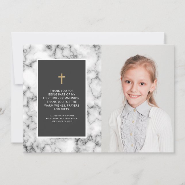 Modern Marble Gold Cross Photo Communion Thank You Card (Front)