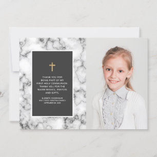Modern Marble Gold Cross Photo Communion Thank You Card