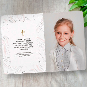 Modern Marble Gold Cross Photo Communion Thank You Card