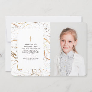 Modern Marble Gold Cross Photo Communion Thank You Card