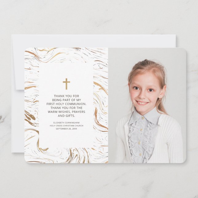 Modern Marble Gold Cross Photo Communion Thank You Card (Front)