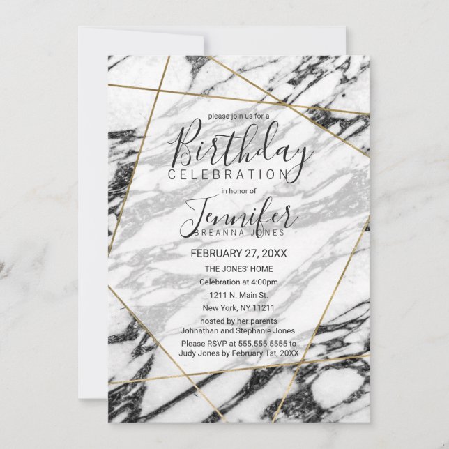 Modern Marble Gold Geometric Birthday Party Invitation (Front)