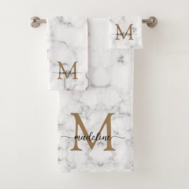 Modern Marble Gold Girly Script Monogram Bath Towel Set (Insitu)