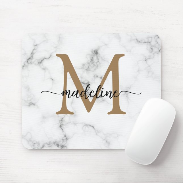 Modern Marble Gold Girly Script Monogram Mouse Pad (With Mouse)