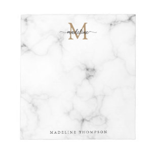 Modern Marble Gold Girly Script Monogram Notepad