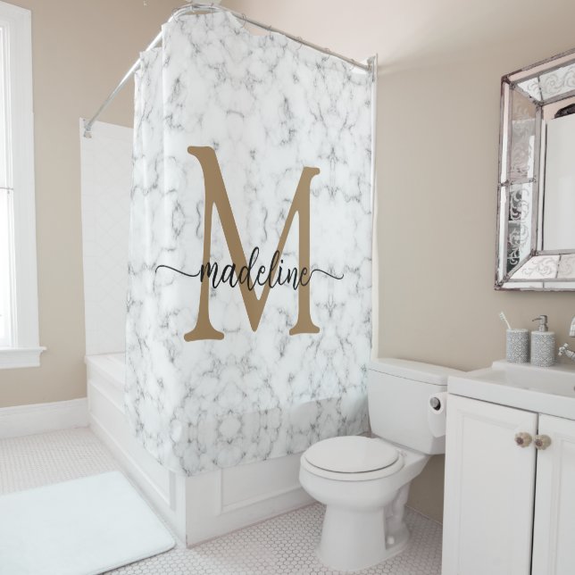 Modern Marble Gold Girly Script Monogram Shower Curtain (In Situ)