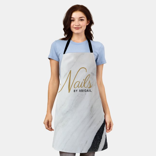 Modern Marble Gold Nail Stylist White Apron (Worn)