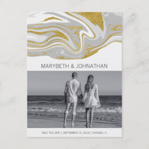 Modern Marble & Gold Save The Date Photo Postcard