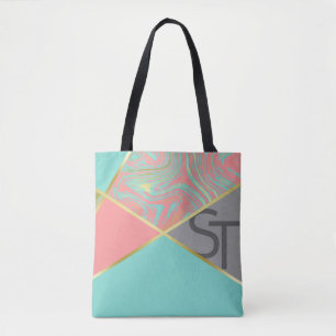 Modern Marble Mint Coral Pastel Gold Monogram Tote Bag