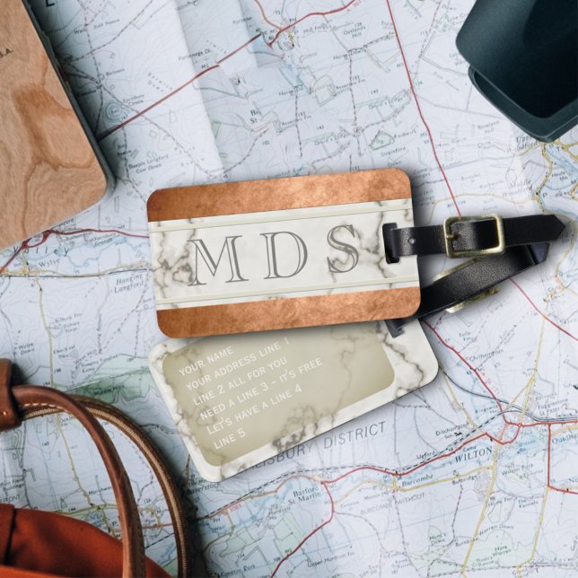 Modern Marble Monogram Striped Luggage Tag (Creator Uploaded)