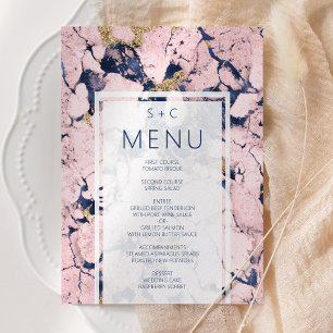 Modern Marble Navy Blue Blush Gold Wedding Menu