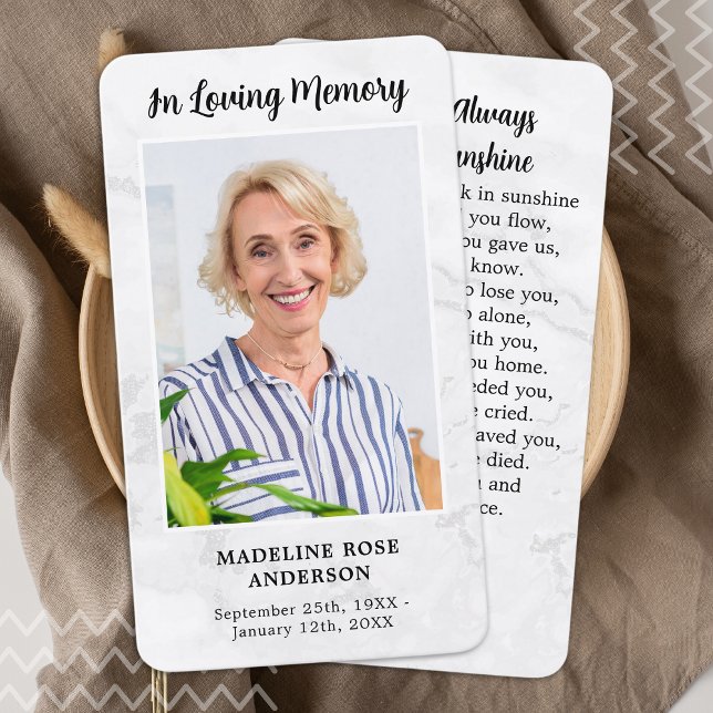 Modern Marble Photo Sympathy Memorial Prayer Card (Creator Uploaded)