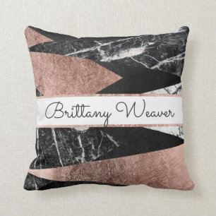 Modern Marble Rose Gold Black Triangle Monogram Cushion