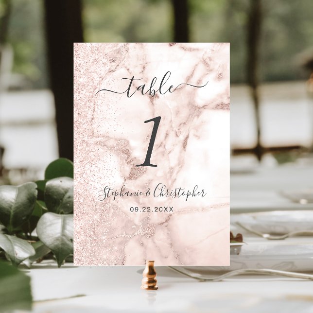 Modern Marble Rose Gold Glitter Wedding Table Number (Creator Uploaded)