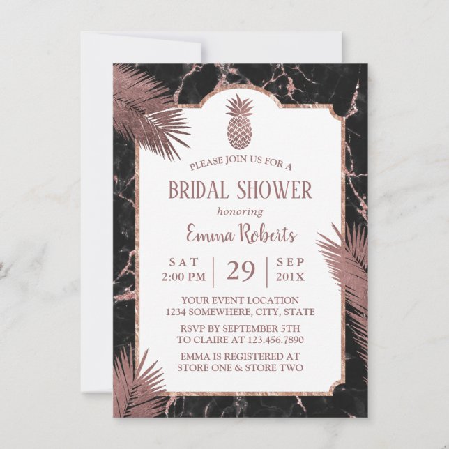 Modern Marble & Rose Gold Pineapple Bridal Shower Invitation (Front)
