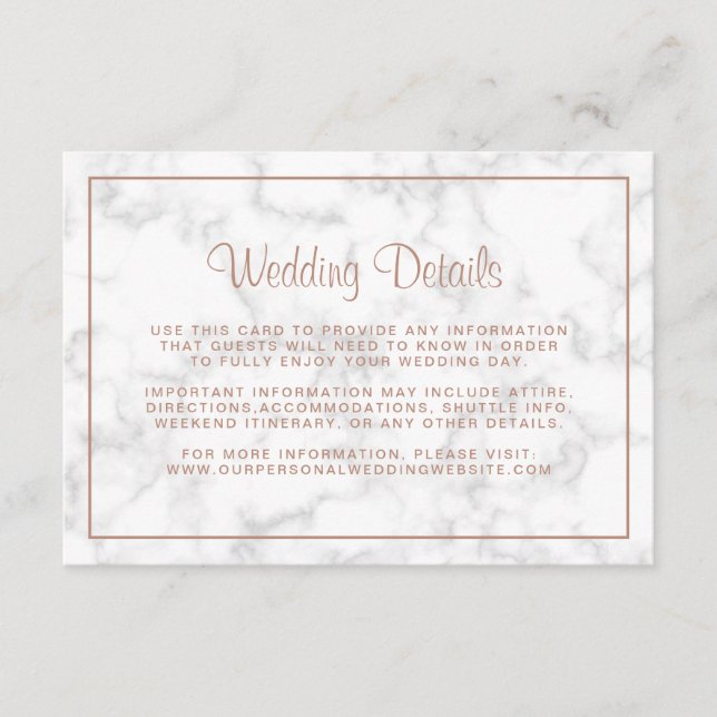 Modern Marble Rose Gold Script Wedding Details Enclosure Card (Front)