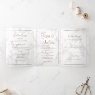 Modern Marble Rose Gold Script Wedding Tri-Fold Invitation