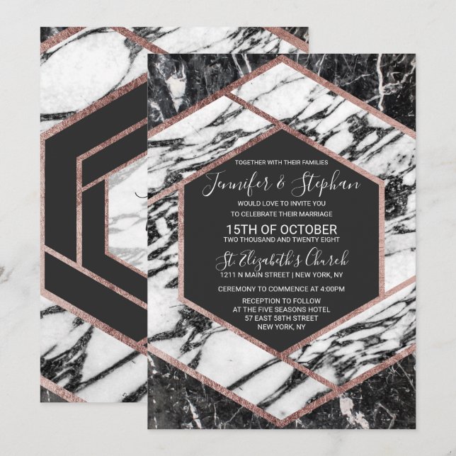 Modern Marble Rose Gold Trim Hexagon Wedding Invitation (Front/Back)