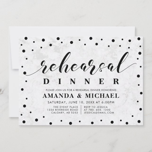 Modern Marble & Script Wedding Rehearsal Dinner In Invitation (Front)