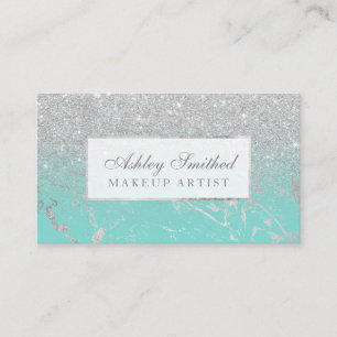 Modern marble silver glitter teal ombre makeup business card