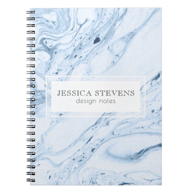 Modern Marble Swirls White & Blue-Grey Notebook (Front)