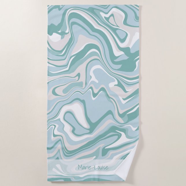 Modern Marble Turquoise Coastal Beach Sea Name Towel (Front)