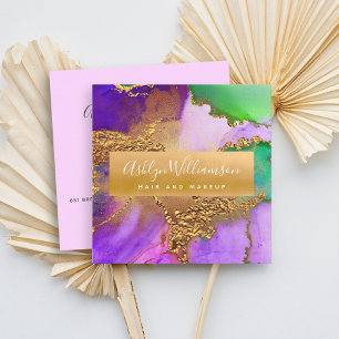 Modern marble watercolor gold purple green & aqua square business card