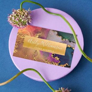 Modern marble watercolor gold purple green & blue business card