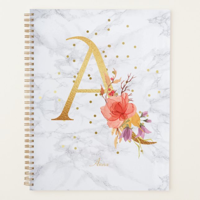 Modern Marble Watercolor Golden Monogram Letter A Planner (Front)