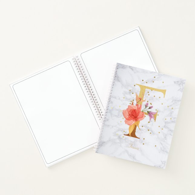Modern Marble Watercolor Golden Monogram Letter F Notebook (Inside)