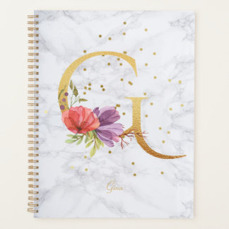 Modern Marble Watercolor Golden Monogram Letter G Planner