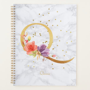 Modern Marble Watercolor Golden Monogram Letter Q Planner