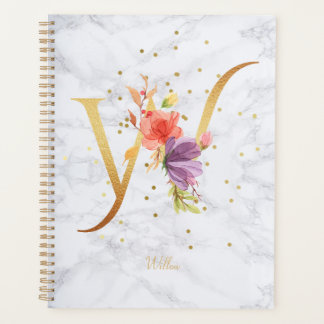 Modern Marble Watercolor Golden Monogram Letter W Planner