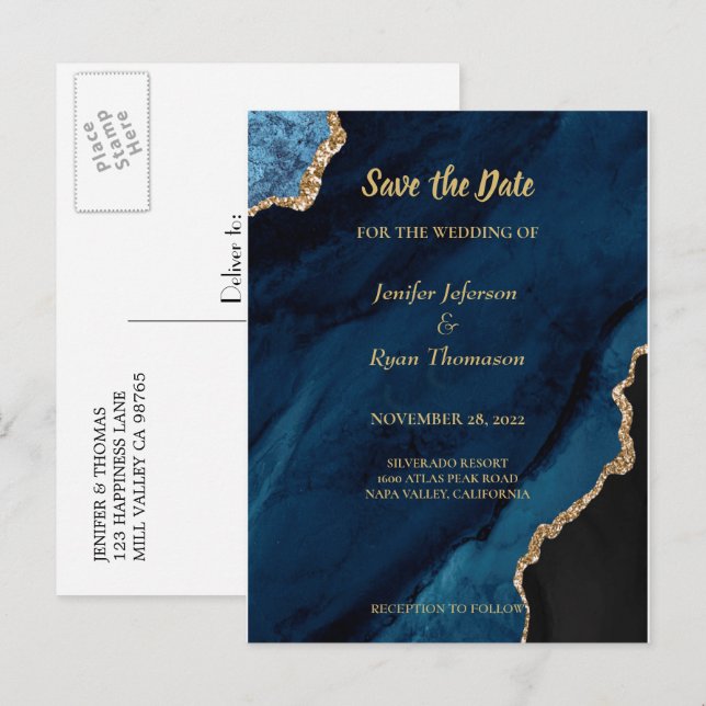 Modern marble wedding save the date postcard (Front/Back)