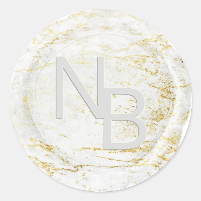 Modern Marble White Monogrammed Wax Seal Sticker (Front)