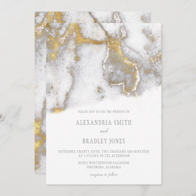 Modern Marbled Grey and Gold Wedding Invitation | (Front/Back)