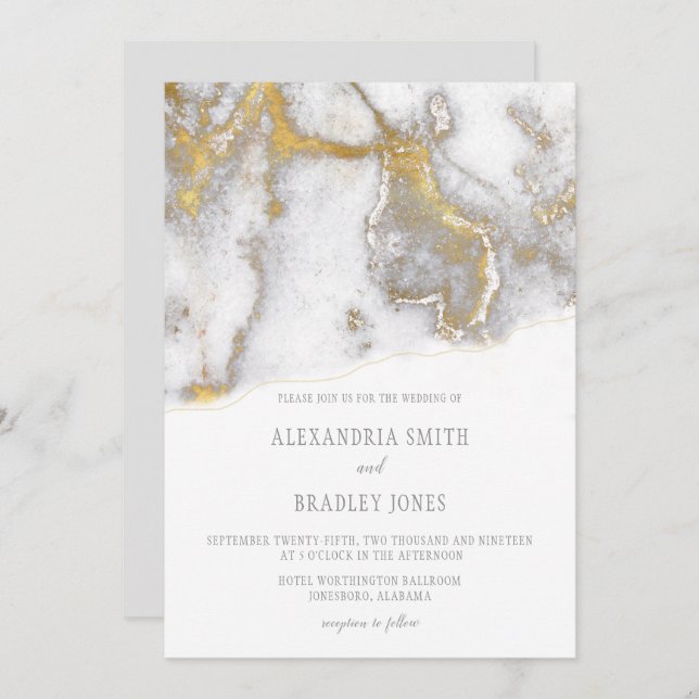 Modern Marbled Grey and Gold Wedding Invitation | (Front/Back)