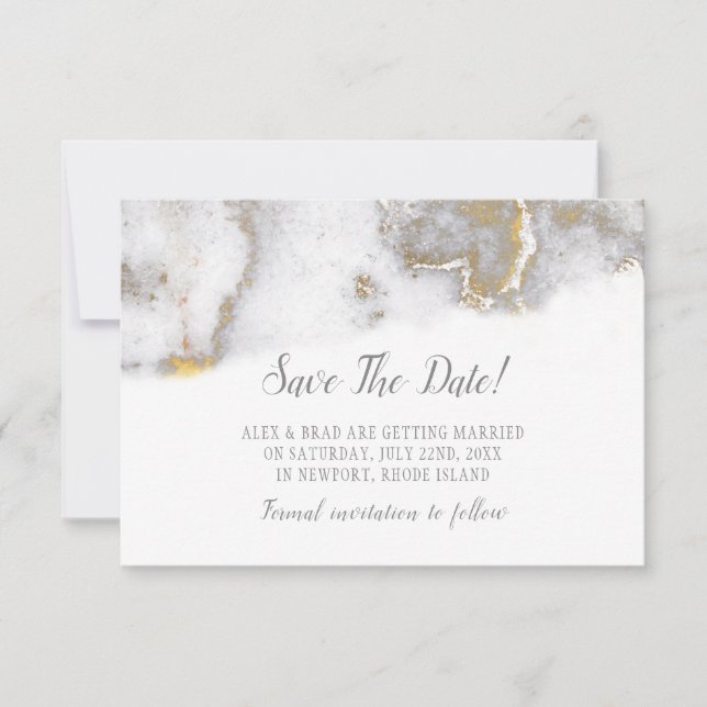 Modern Marbled Grey and Gold Wedding Save The Date (Front)