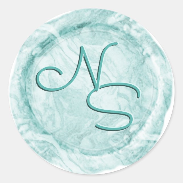 Modern Marbled Teal Aqua Wax Seal Monogram Sticker (Front)