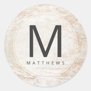 Modern Marbles in Beige & Copper Monogram Wedding Classic Round Sticker
