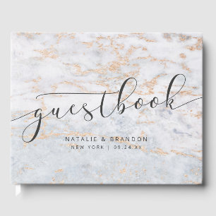 Modern Marbles in Blue with Copper Fall Wedding Guest Book