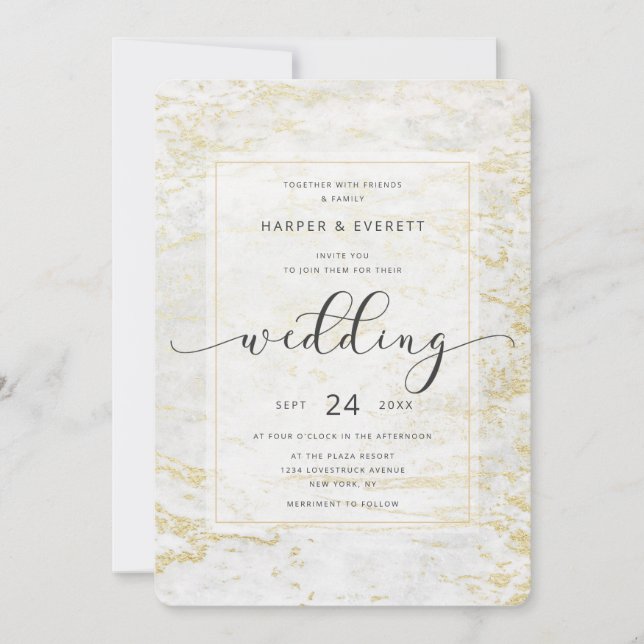 Modern Marbles in Classic White with Gold Wedding Invitation (Front)
