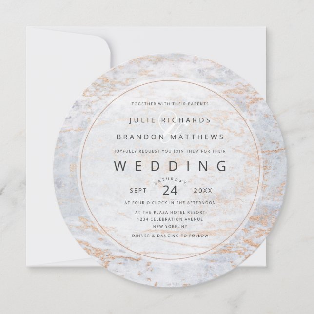 Modern Marbles in Dusty Blue Copper Circle Wedding Invitation (Front)